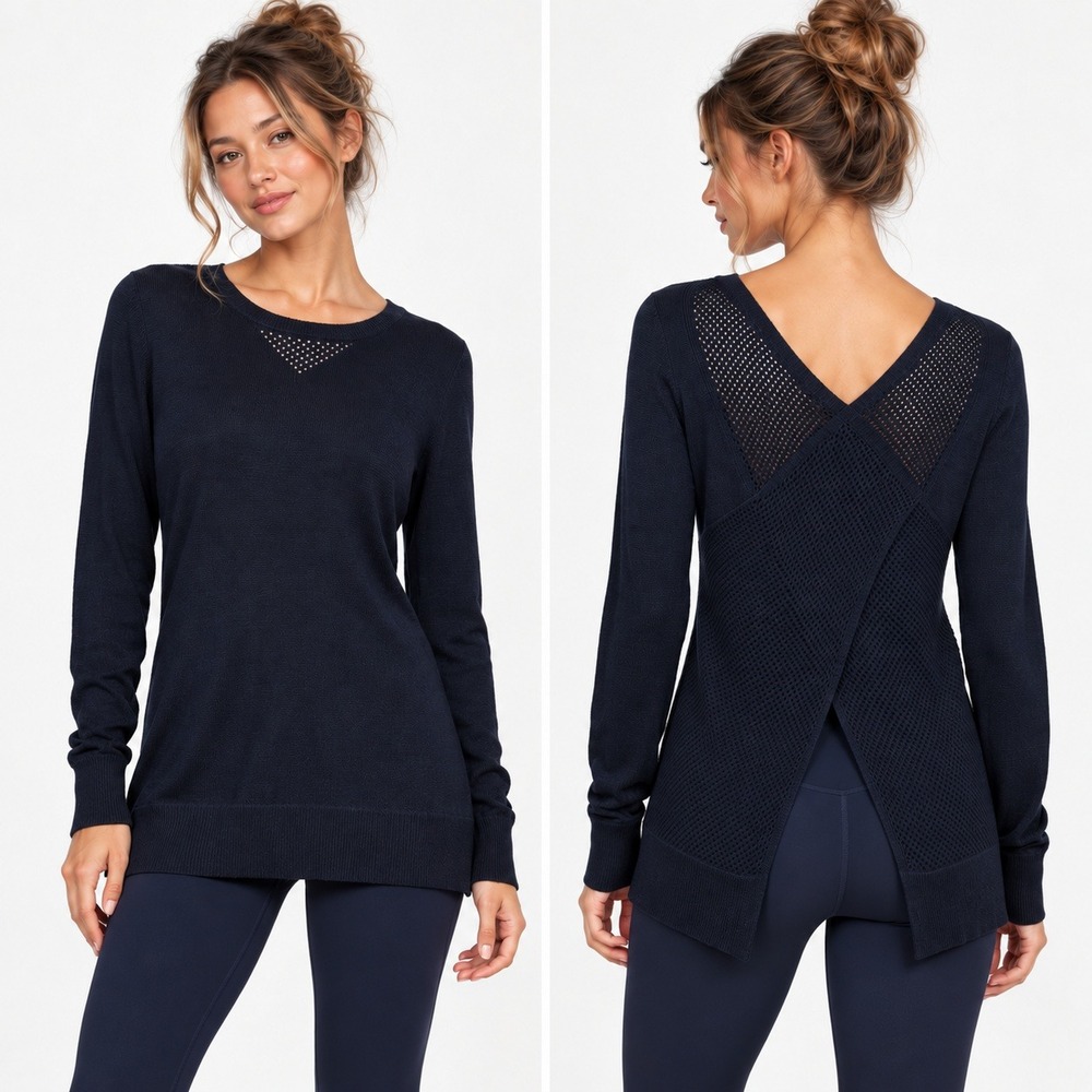 Lululemon Sunset Savasana Sweater S Black Merino Wool Open Knit Cross‎ Back Yoga
